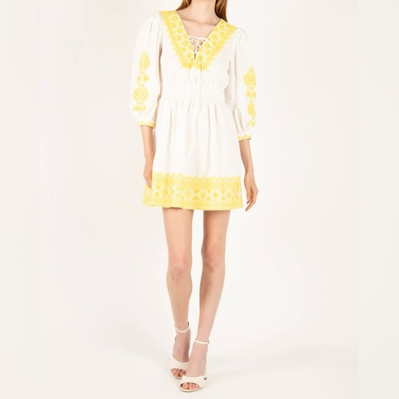 Secret Mission Gina Yellow Embroidered Organic Cotton Linen Blend  Dress Small - Picture 3 of 9